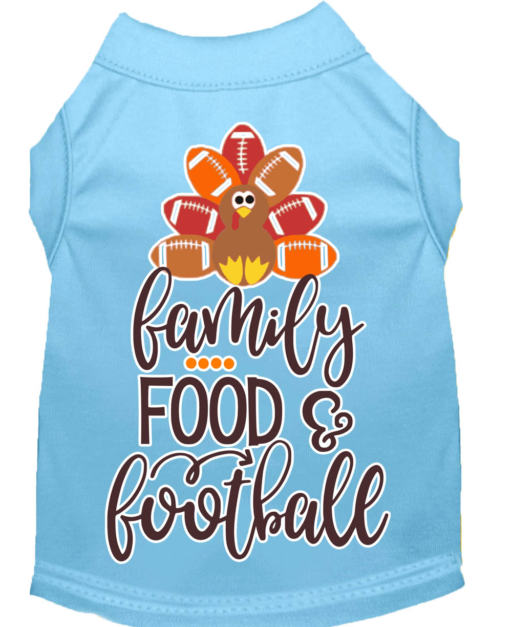 Family, Food, and Football Screen Print Dog Shirt Baby Blue Lg
